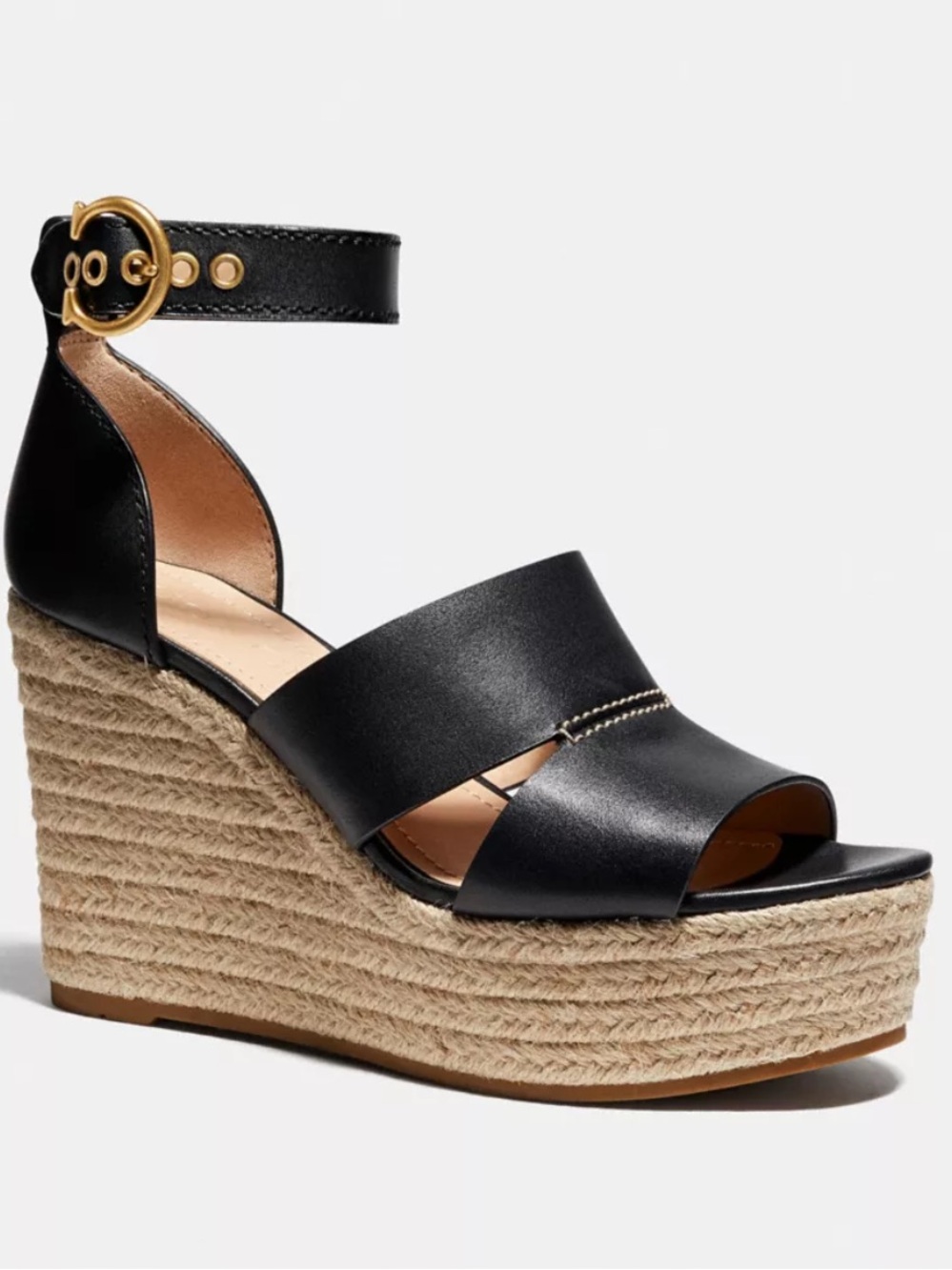 Coach Isla Black Leather Espadrille Platform Chunky Wedge Sandals Strappy Gold 8
